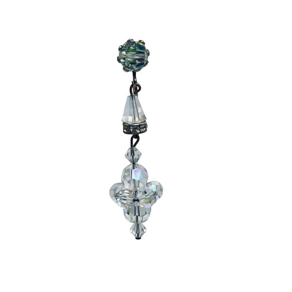 Aurora Borealis Bead Clip On Drop Dangle Earrings W/ Silver Tone Accents (5868) - Picture 2 of 5